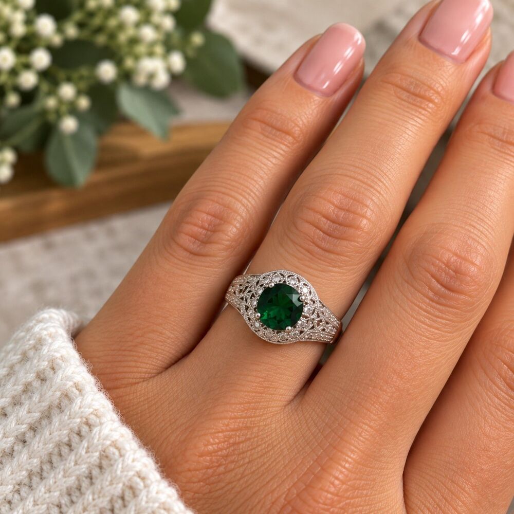 Emerald Green Round Crystal Ring Silver Tone Filigree Vintage Style Size 8
